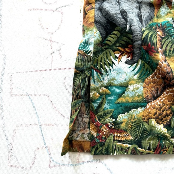 Green and brown jungle safari blouse with animal figures print. - Picture 4 of 8